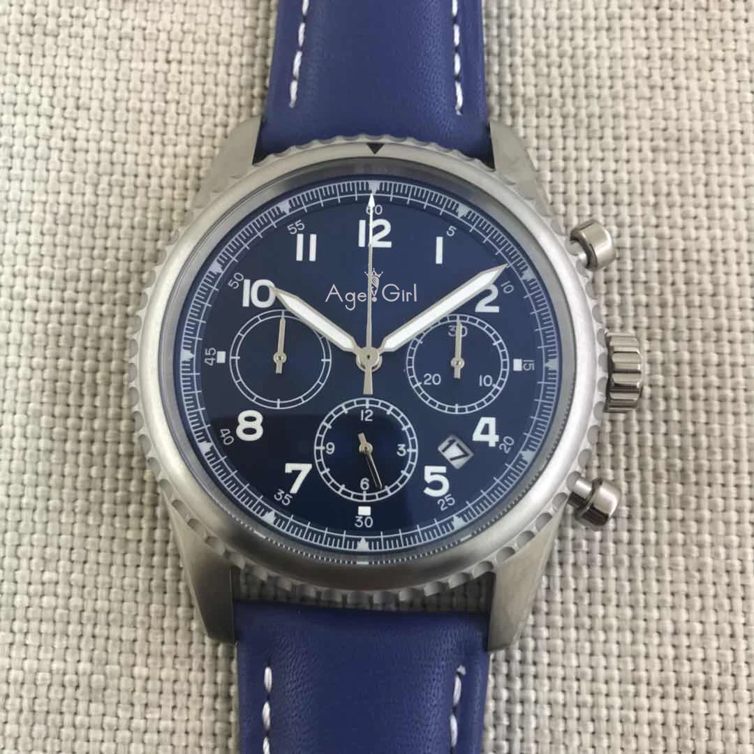 Blue Leather Роскошные брендовые новые хронограф мужские часы СЕКУНДОМЕР САПФИР хронометр серебристый черный синий титан кожа часы ограниченная AAA - Цвет: Blue Leather