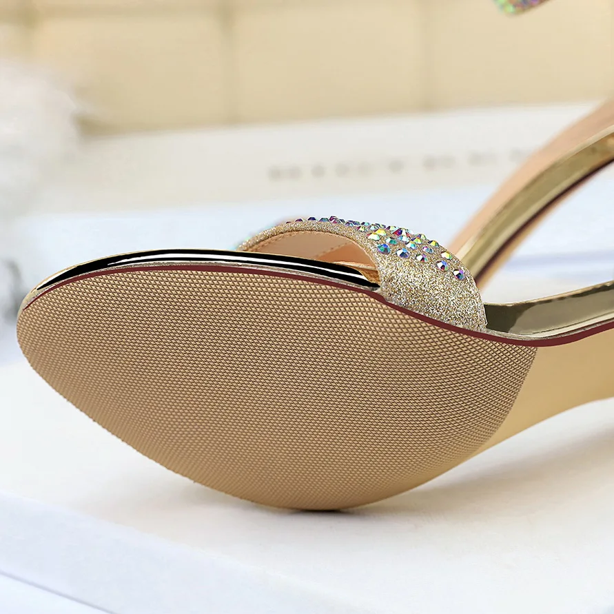 Women Summer Sandals 8.5cm High Heels Rhinestone Crystal Middle Heels Ankle Strappy Sandles Lady Wedding Event Party Gold Shoes