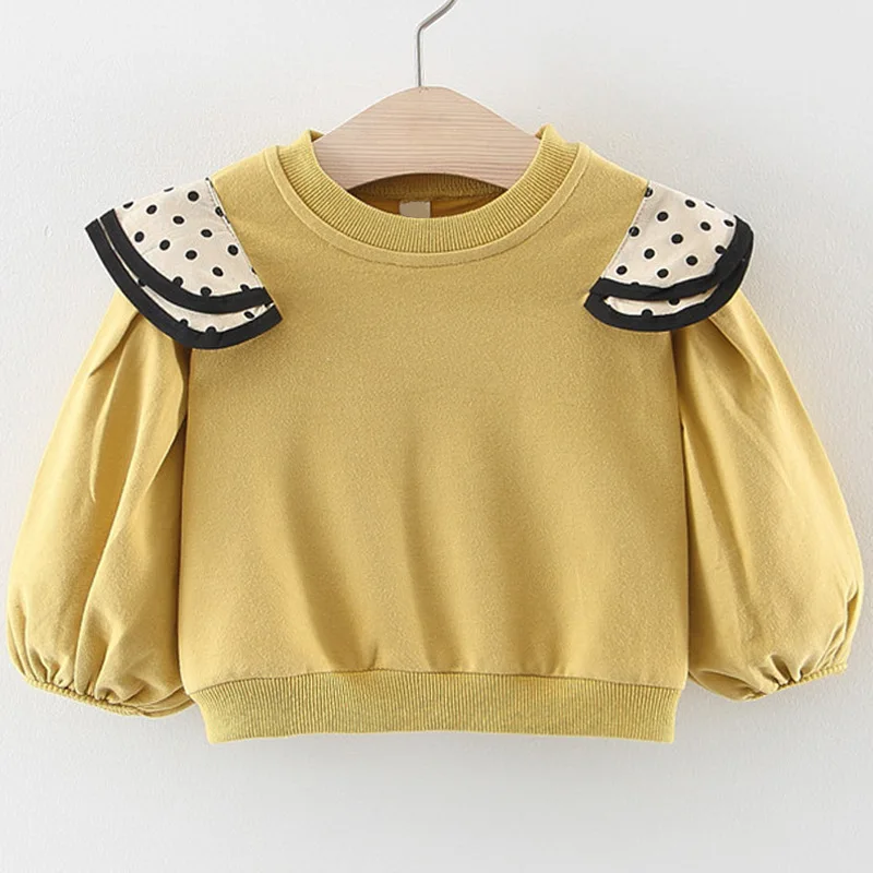 Одежда для малышей осенний стильный топ в горошек для девочек, детская однотонная Милая рубашка с рукавами-пузырьками для маленьких девочек Детская флисовая одежда для детей 1-3 лет, TP19008