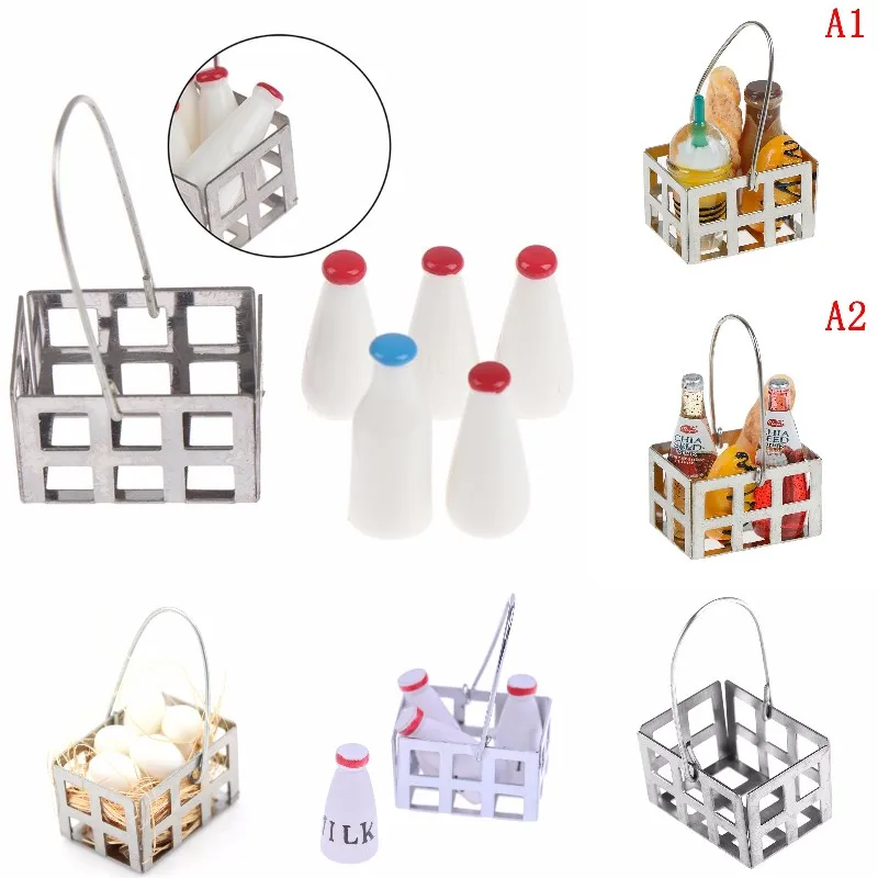 

1/12 Dollhouse Miniature Milk Rack Basket Jug with Lid Bottle Dolls House Kitchen Accessories Furniture Decor Baby DIY Toys