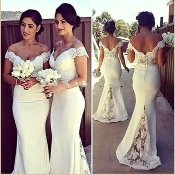 

Pure White Bridesmaid Dresses Chiffon Off The Shoulder Lace Applique Floor Length Maid of Honor Dresses Wedding Party Dresses