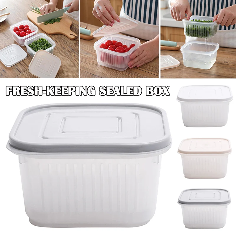 

High 2-in-1 Kitchen Strainer Square Drain Sealed Box Ginger Garlic Onion Food Container Crisper UEJ