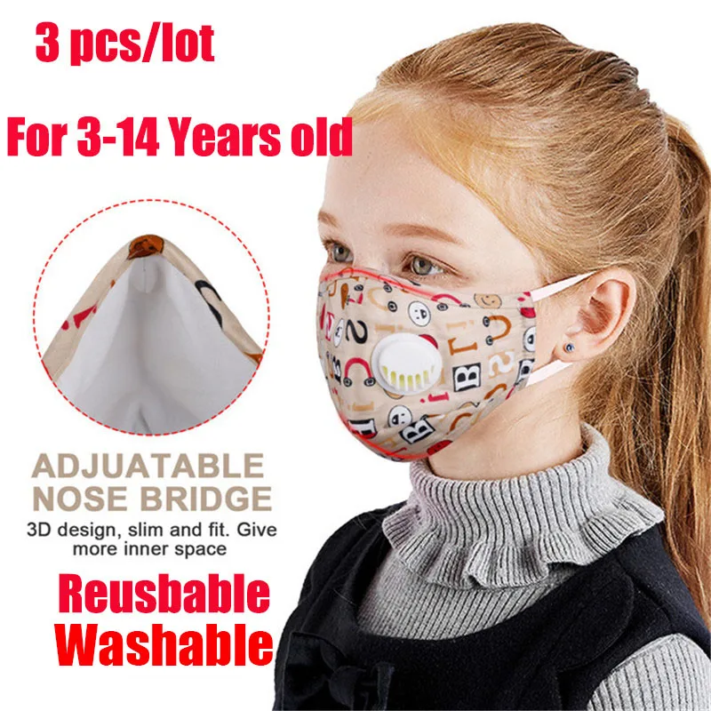 

3 pcs Reusable Washable Children Face Mask pm2.5 kid Anti flu Bacteria Virus Valved Respirator mouth mask Filter kn95 level boys