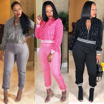 

Wjustforu Warm Wool Casual Two Piece Set Women ZipNeck Long Sleeve Jacket + Pencil Pants Autumn Winter Bodycon Hoodies Tracksuit