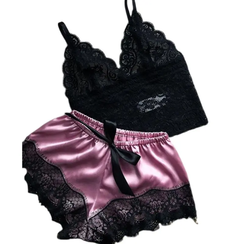 

Womens Sexy Eyelash Floral Lace Lingerie Set V-Neck Crop Top Bowknot Faux Silk Wide Leg Shorts Contrast Color Pajamas Sleepwear