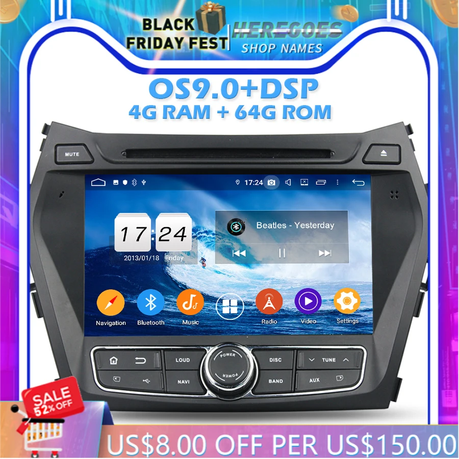 

1280*720 IPS DSP Android 10.0 4GB 64GB ROM Car DVD Player Wifi Bluetooth RADIO GPS Map For Hyundai IX45 Santa fe 2013 -2016