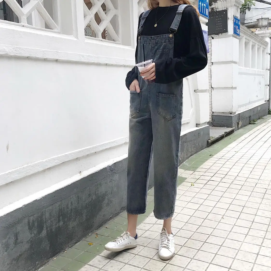 Hong Kong Flavor Loose-Fit Slimming Cowboy Suspender Pants Spring New Style WOMEN'S Dress College Style Retro Casual Wide-Leg On