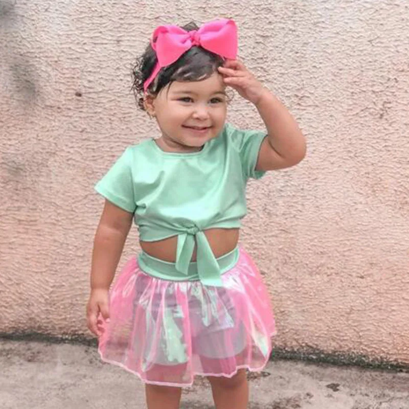 

New Summer Baby Girls Short Sleeve Solid Print T-Shirt Tops Mesh Skirt Shorts Casual Outfits Set 6M-5T