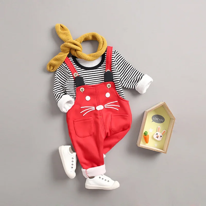 2Pcs/set Baby Girls Boys Long Sleeve Striped Print Autumn Thicken Blouse Tops Cartoon Suspenders Pants Casual Outfits Set