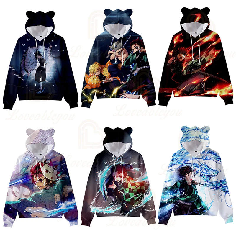 

2020 Demon Slayer Teen Boys Girls Cute Cat Ear Breathable Men Women Sweatshirt Top Long Sleeve Hoodies Pullover
