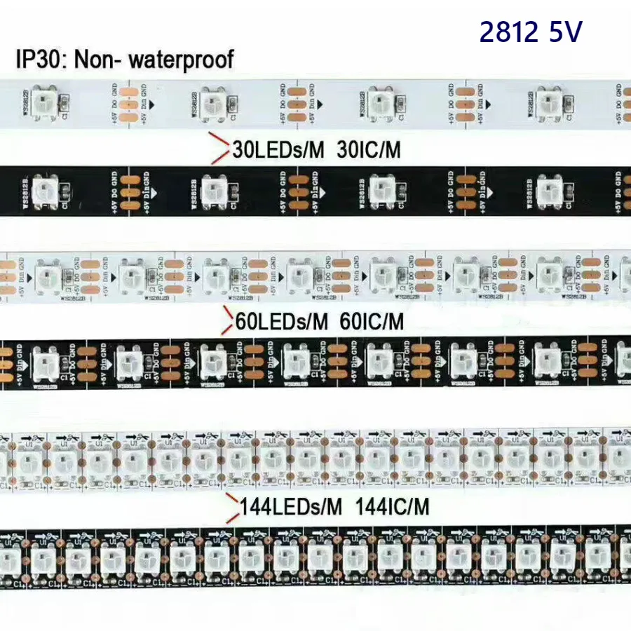 WS2812B 5v 12v 5050 цветных(RGB) светодиодных лент Водонепроницаемый ws2811 ws2812 5m 5 с наибольшем световым потоком 12В, светодиодные фары полосы 30/60/144 светодиодов/м Мечта Цвет светодиодные полосы ленты