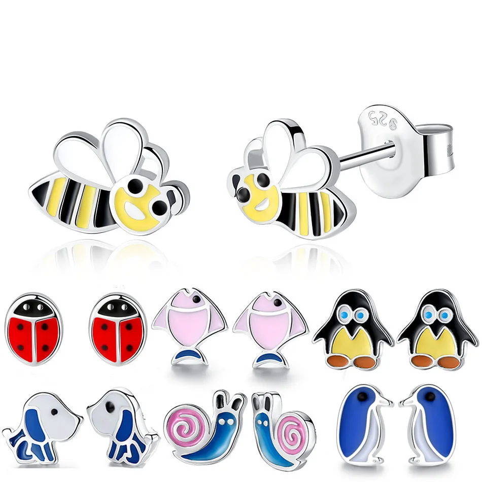 Стерлингового серебра 925 Серьги гвоздики для детей девочек медовый пчела Пингвин Божья коровка эмаль детские серьги Модные ювелирные изделия Brinco