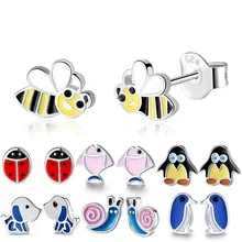 Стерлингового серебра 925 Серьги гвоздики для детей девочек медовый пчела Пингвин Божья коровка эмаль детские серьги Модные ювелирные изделия Brinco