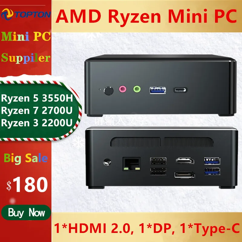 Topton-miniordenador AMD Ryzen R5 3550H R7 2700U Vega Graphic M.2 NVMe + SATA de 2,5 , Gaming PC Windows 10 HDMI2.0 tipo-c DP WiFi