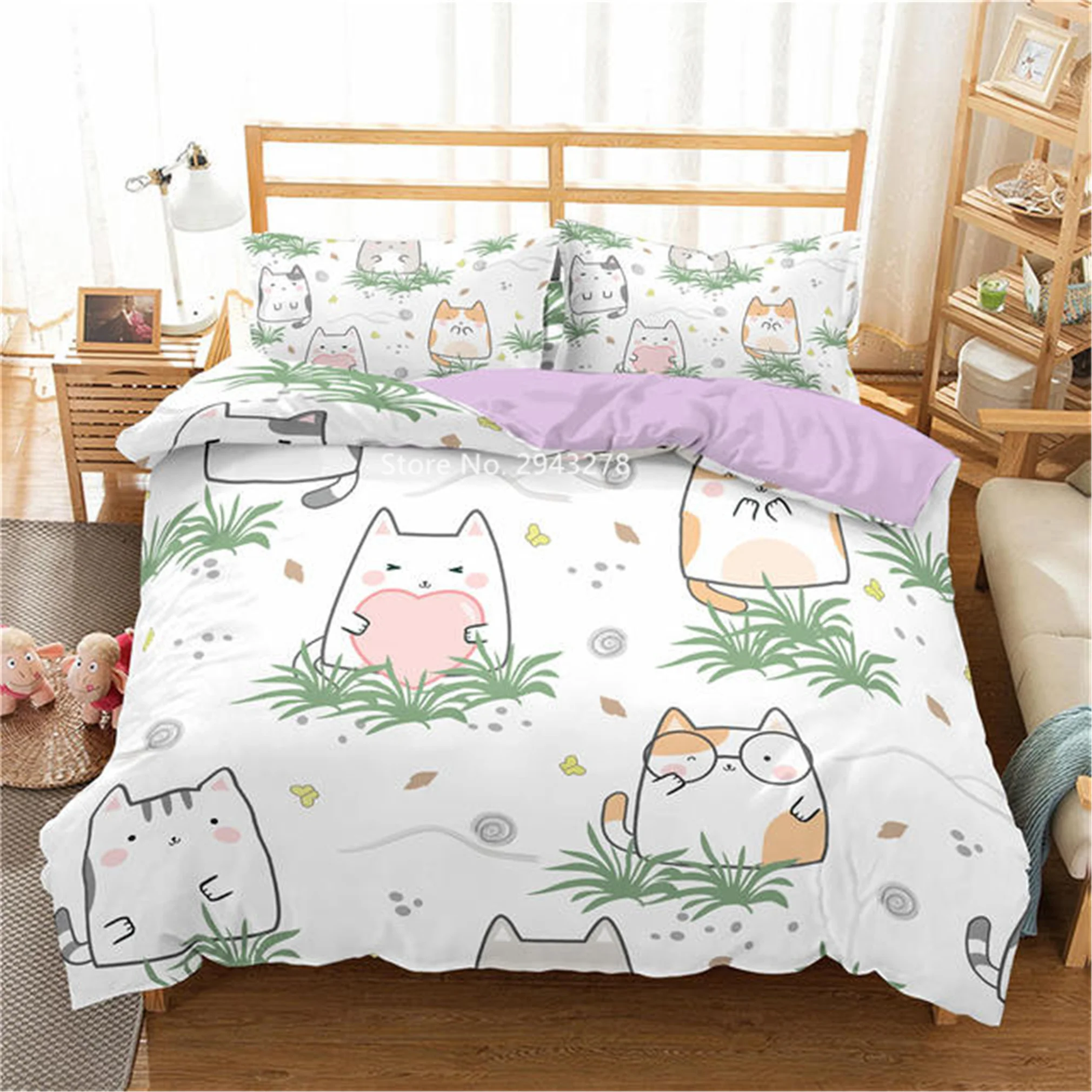 Home Textile Cartoon Cat Fish Love Series Printed Comfortable Duvet Cover Pillowcase Children Bedding Set Bedroom Decoration