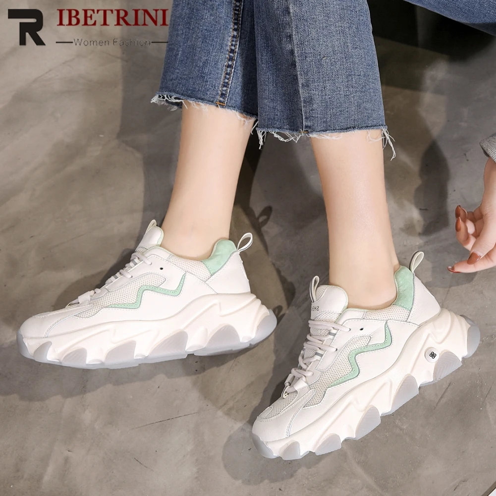 

RIBETRINI Fashion Spring Female Shoes Woman Lace Up Sport Mixed Color Casual Sneakers Women Genuuine Leather Sneakers