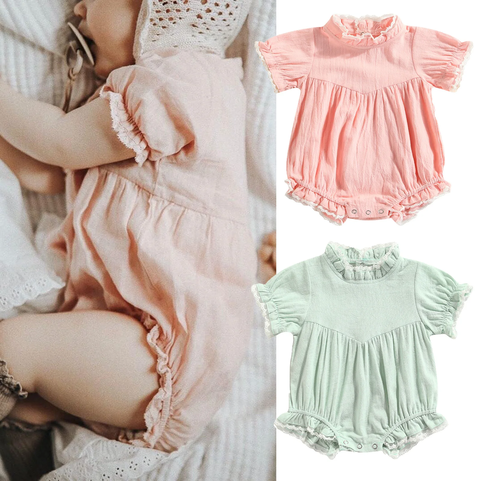 Baby Girls Summer Romper Lace Trim Stand Neck Short Sleeves Jumpsuit