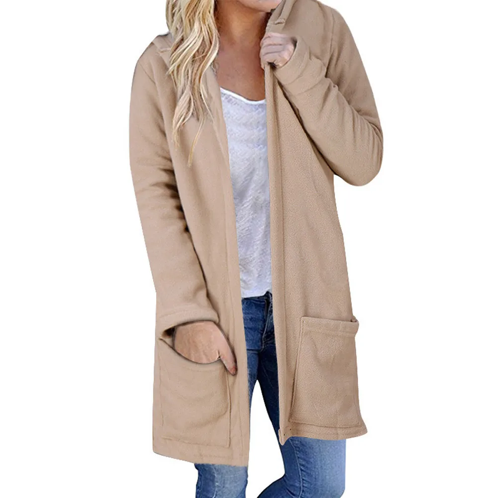 Long Cardigan Jackets Solid Color Thickened Women Hooded Sweatshirt Coat JT-889 - Цвет: khaki