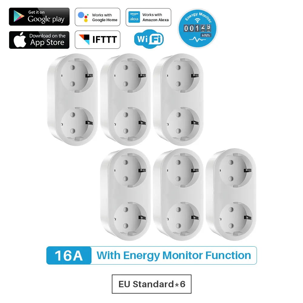 16A WiFi Smart Plug EU Plug 2 в 1 розетка с энергомонитором приложение дистанционное управление работает с Google Home Alexa IFTTT - Цвет: 6 Pcs