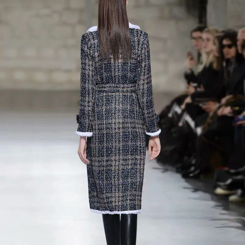 Модное женское клетчатое шерстяное пальто зимнее корейское повседневное шерстяное пальто с длинными коленями женское плотное теплое пальто