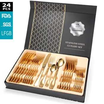 

24Pcs/set Gold Cutlery Specular Light Stainless Steel Steak Knife Fork Coffee Spoon Teaspoon Upscale Home Restaurant Cutlery Set