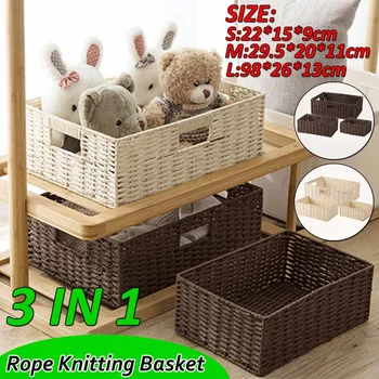 

3x Paper Rope Storage Basket Table Storage Box Fabric Storage Container Set Drawer Organizers for Underwear Socks Clothing Toys