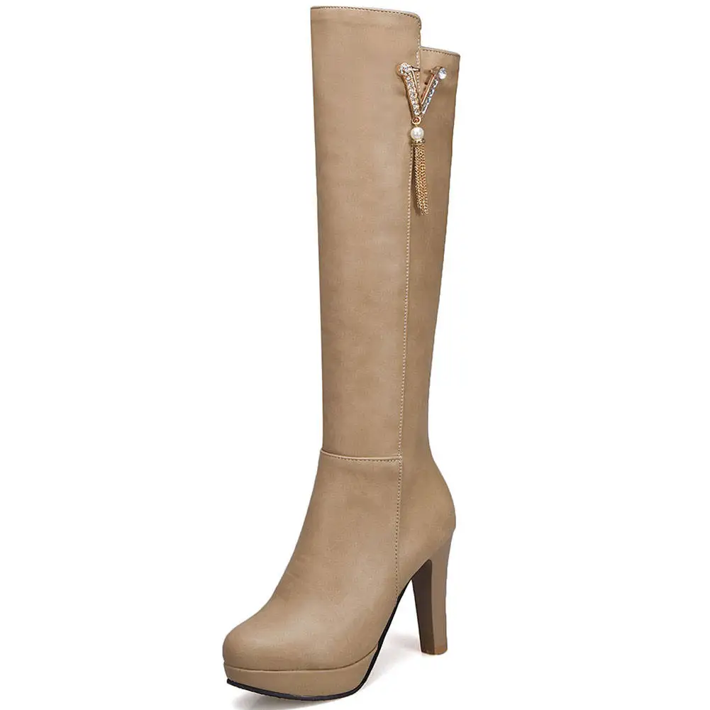 new arrivals big Size 32-43 Chunky High Heels Knee High Boots Woman Shoes Metal Decoration Zip Up Shoes Women Boots - Цвет: apricot