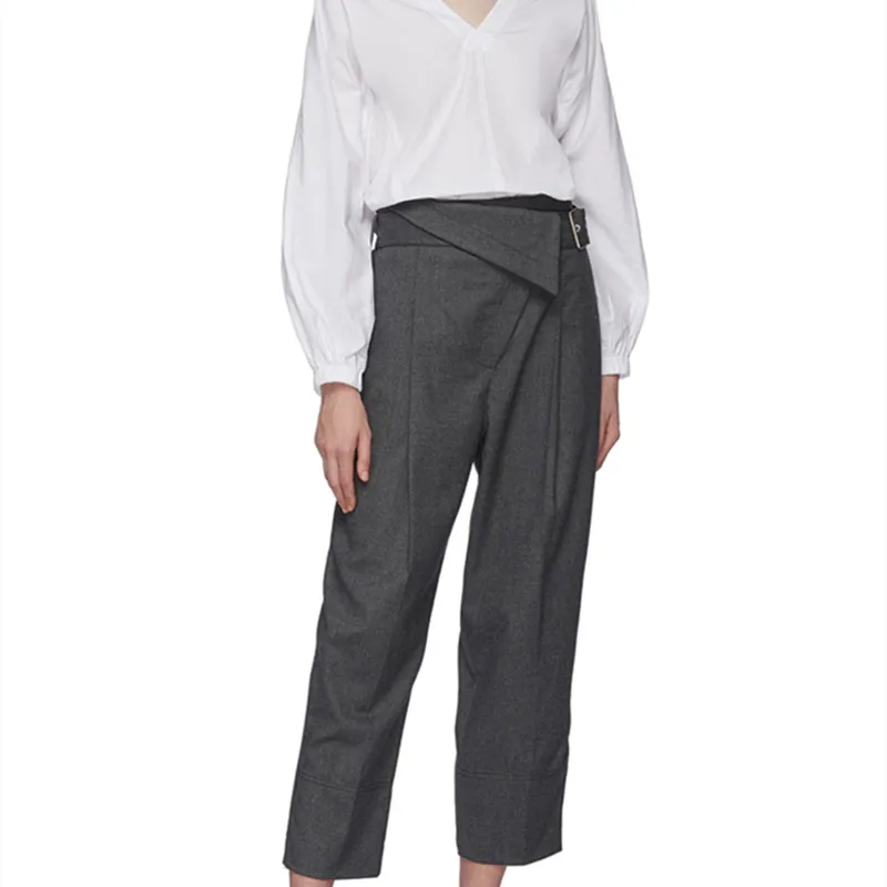 

Ladies Long Suit Pant High Waist Gray Ankle-Length Harem Pants Loose Irregular with Belt Women Trousers