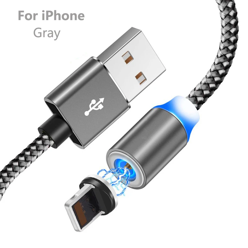 Магнитный светодиодный кабель Micro usb type-C для iPhone 11 XS XR Xiaomi 8 9 SE 9T Pro A2 A3 Lite F1 MAX 3 QC 3,0 Быстрый кабель для автомобильного зарядного устройства - Цвет: For iPhone Gray