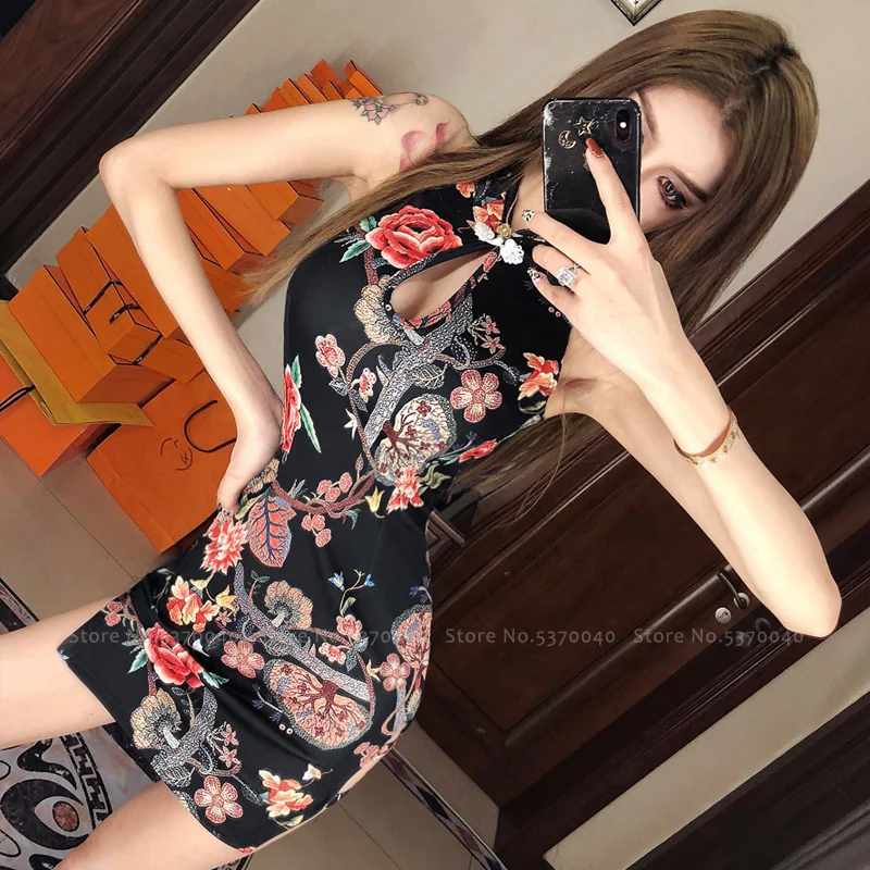 

Женское платье-Ципао с цветочным принтом, традиционное китайское ретро-платье ханьфу, пикантное облегающее короткое платье, винтажные платья для ночного клуба вечерние НКИ