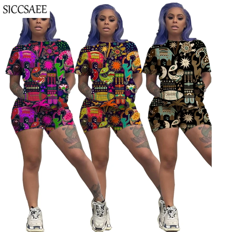 

2020 Summer Style Animal Cartoon Printed Short Sets Sexy Casual Outfits Cute Playsuits Two Piece Set Loose Plus Size Clothing