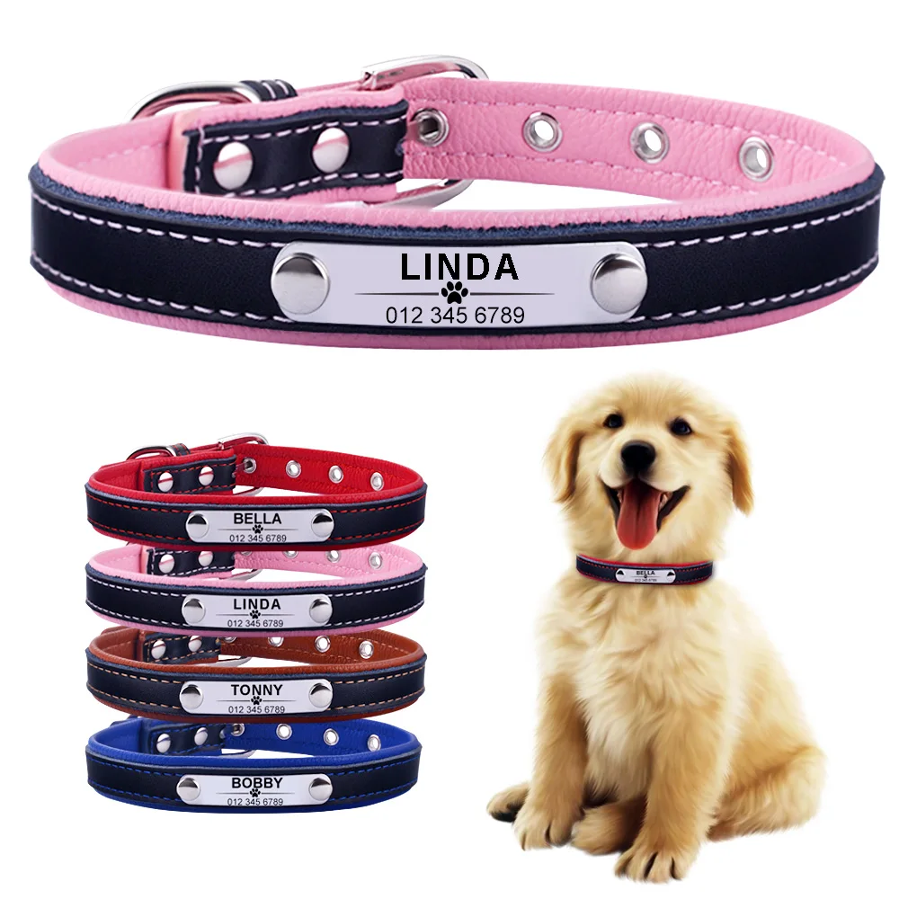 

Leather Dog Collar Personalized Custom Engraved Name Plate Puppy Pet Dogs XS/S/M/L Dog Tag