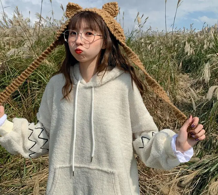 Korean autumn and winter embroidery long-sleeved hooded fake two-piece lamb hair loose sweatshirt women