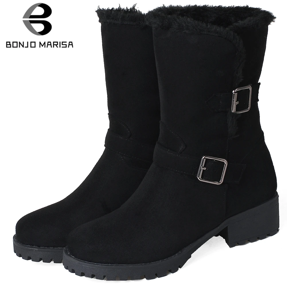 

BONJOMARISA New 33-44 Concise Solid Black Add Fur Boots Ladies Winter Warm Ankle Snow Boots Women 2020 Med Heels Shoes Woman