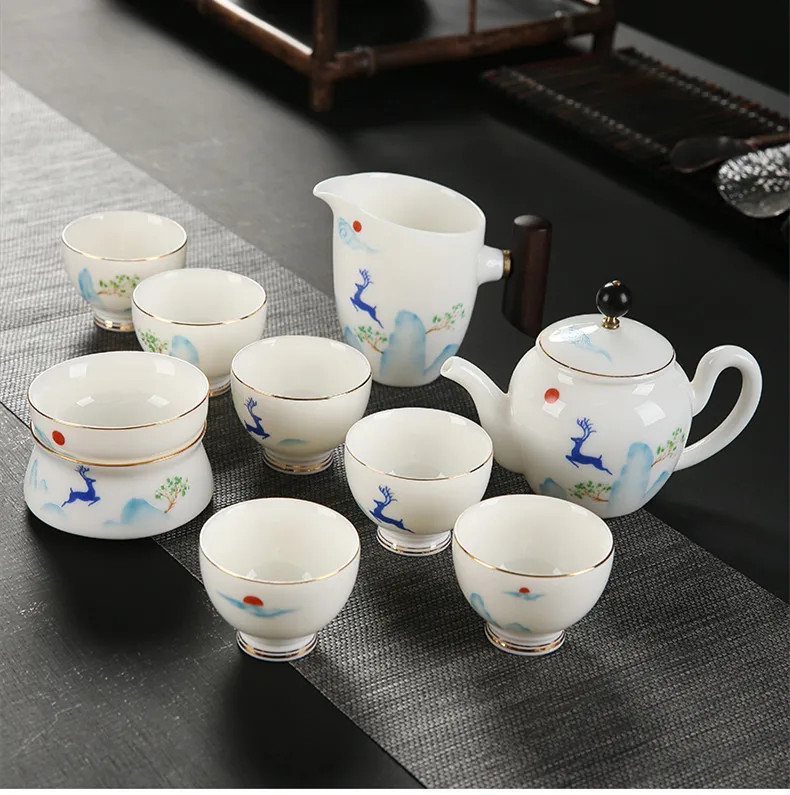 Dehua White Porcelain Tea Set Home Simple High-end Gift Tea Set Teacups Filter Kung Fu Green Tea Oolong Teapot Teaware