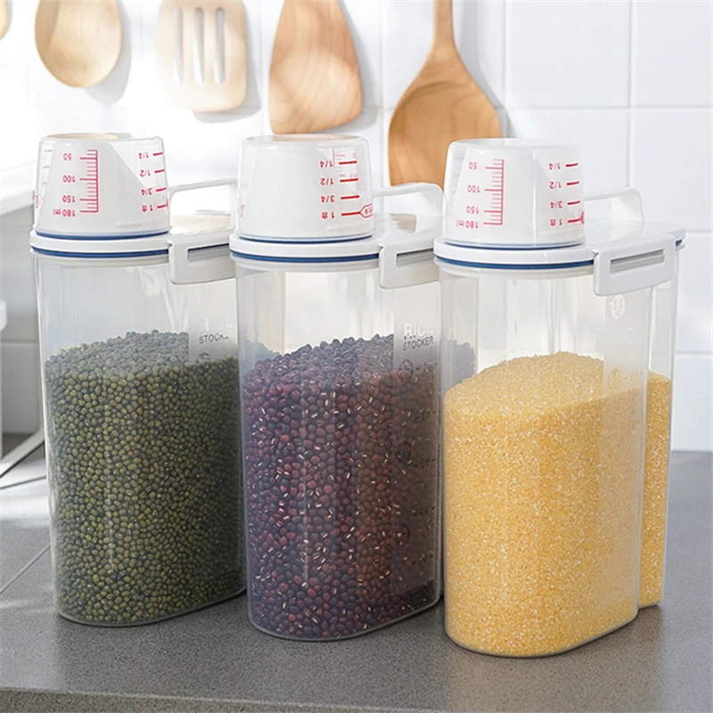 

Sealed Cereal Rice Barrel Insect-Proof Transparent Storage Box With Measuring Cup Rotary Lid Grains Rice Bucket Organizer 2KG