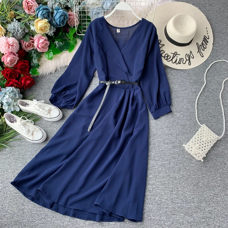 light blue Neploe v образным вырезом тонкая талия средней длины трапециевидной формы vestido элегантный фонарь рукав Темперамент платье для женщин осень вечерние халат mujer 46140 - Цвет: light blue