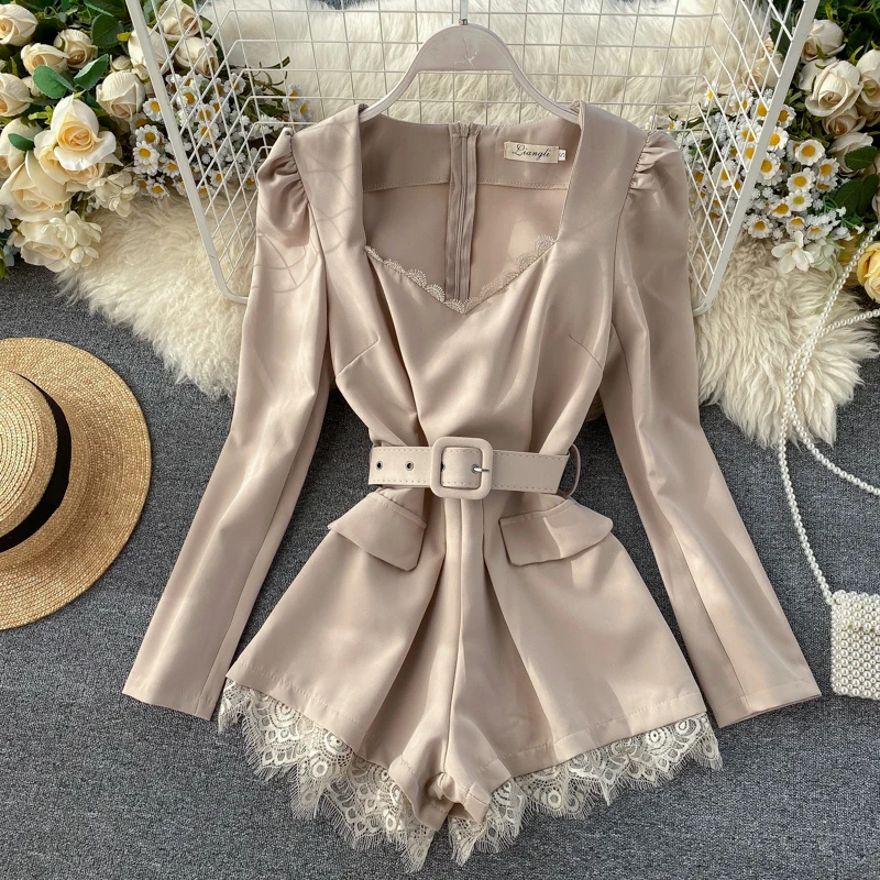 playsuits women 2020 spring autumn fashion clothes England Style lace v-neck long sleeve solid shorts rompers womens jumpsuit | Женская