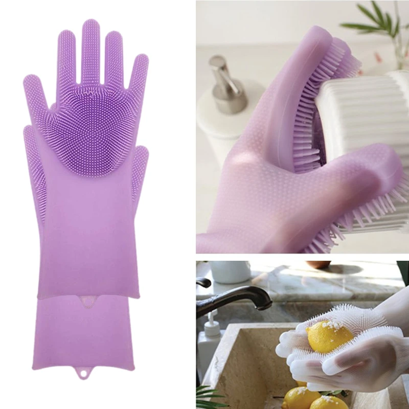 1 пара силиконовой посуды скруббер резиновые перчатки пищевой чистящей губки щетки для мытья посуды Волшебные силиконовые перчатки(фиолетовый