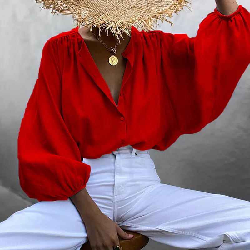 Venta Camisas de talla grande para mujer, blusa informal holgada de manga larga de Color sólido Retro, camisas con mangas de linterna, ropa de primavera para mujer Lnwy3jA1Bz0