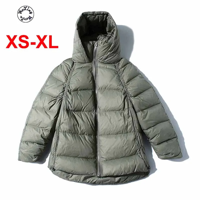 

Women's hooded down jacket loose and thickened mid long white duck down coat fashion winter warm coat M to 3XL