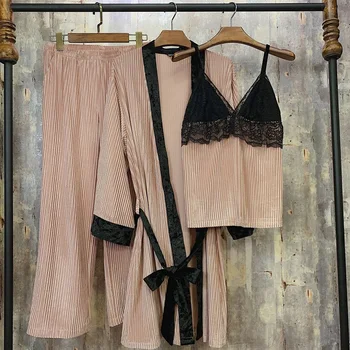 

New autumn and winter pajamas three-piece suit, corduroy with lace, comfortable and soft home wear, night gown suit.sleepwear