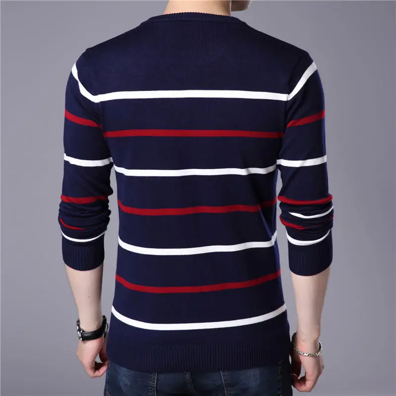 FAVOCENT, мужские свитера, новые осенние повседневные полосатые вязаные мужские пуловеры с круглым вырезом, мужской свитер, приталенная теплая одежда