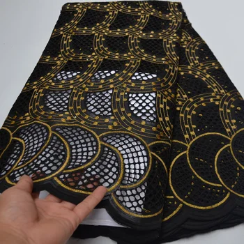 

(5yards/pc) wonderful black gold African dry cotton lace fabric with elegant embroidery soft Swiss voile lace for dress CP442