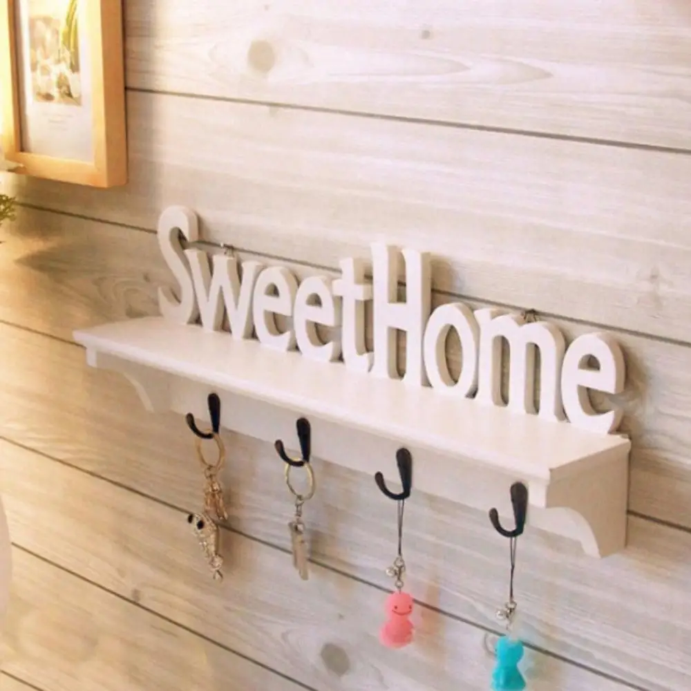

Wooden Four Hooks Wall DIY Sweet Home Wall Shelf Coat Rack White Hollow Partition Hanging Decoration Key Holder Wall Decor