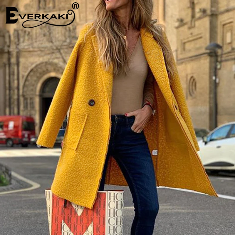 Everkaki Boho осенне-зимние пальто, куртка для женщин с карманами, однотонное, желтое, элегантное женское длинное пальто, куртки для женщин,, осень, зима
