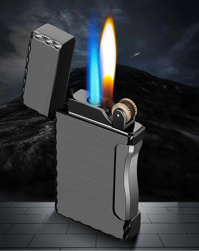 Ветрозащитный фонарь, зажигалка с двойным пламенем, прямые газовые зажигалки, металлический шлифовальный круг, зажигалка, аксессуары для сигарет для мужчин, подарки