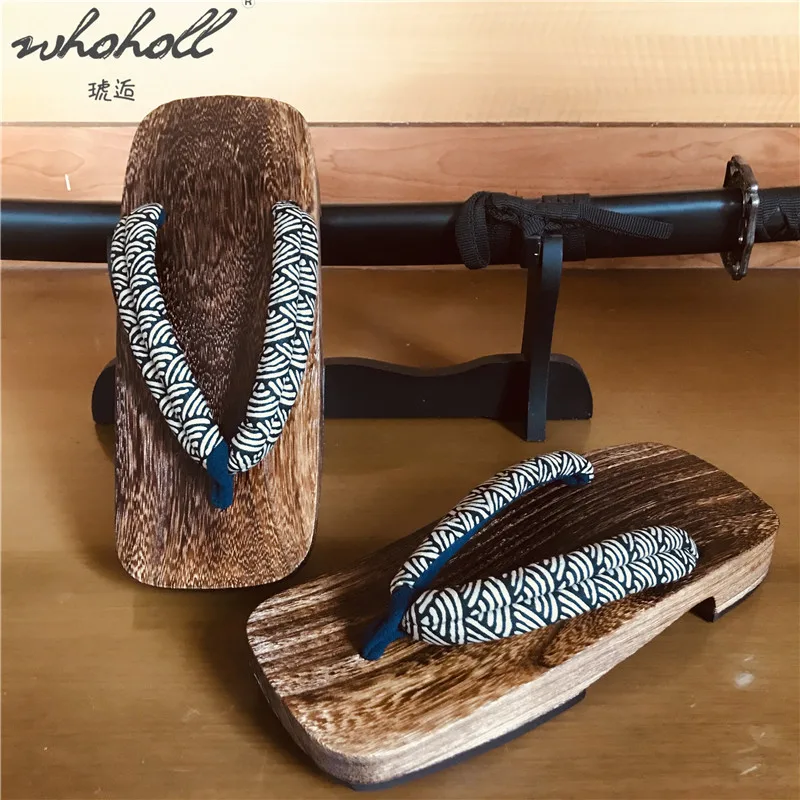 

WHOHOLL Japanese Geta Summer Man Flip Flops Slippers Thick Bottom Platform Slides Cosplay Samurai Shoes Male Plus Size 45 46