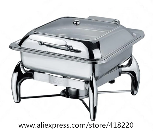 

Stainless Steel Large Square Buffet Stove With Glass Lid Spoon Tray Hotel Tableware Ahcohol/Electric Heating Chafer Container
