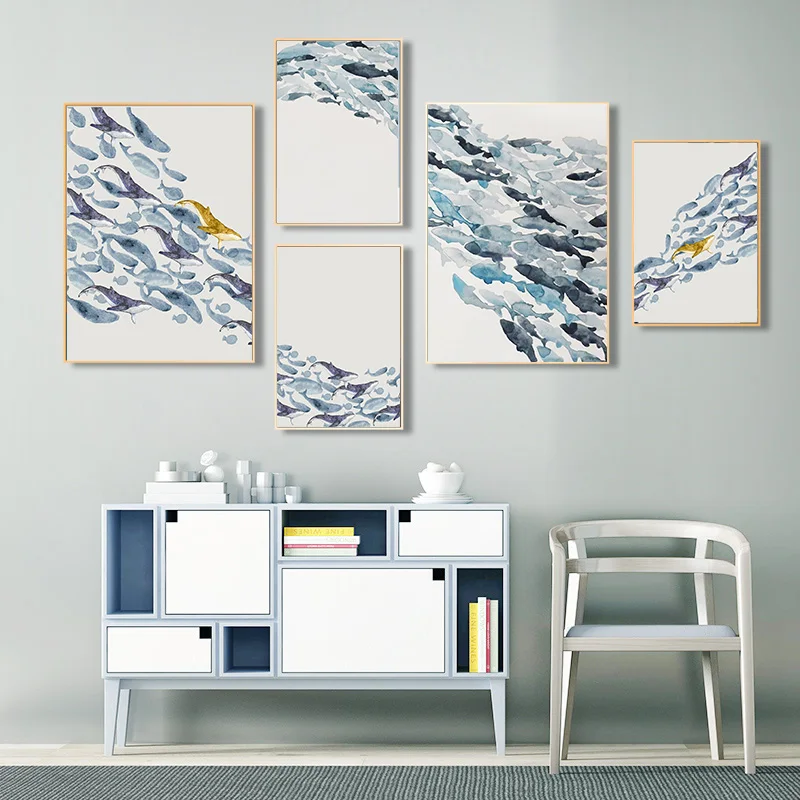 

Nordic Simple Abstract Fish Group Posters and Prints Wall Art Print Canvas Painting Decorative Picture for Living Room